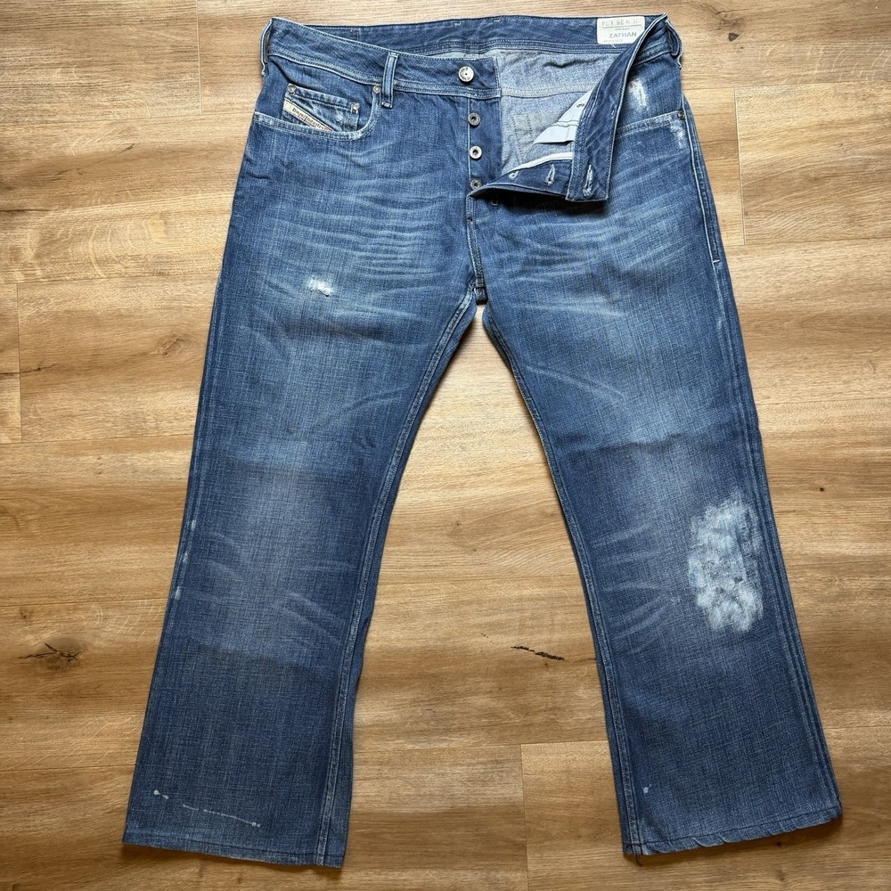 Diesel Zathan Jeans Men 36x27 Blue Bootcut Medium Wash Whiskered Thrash (Hemmed)